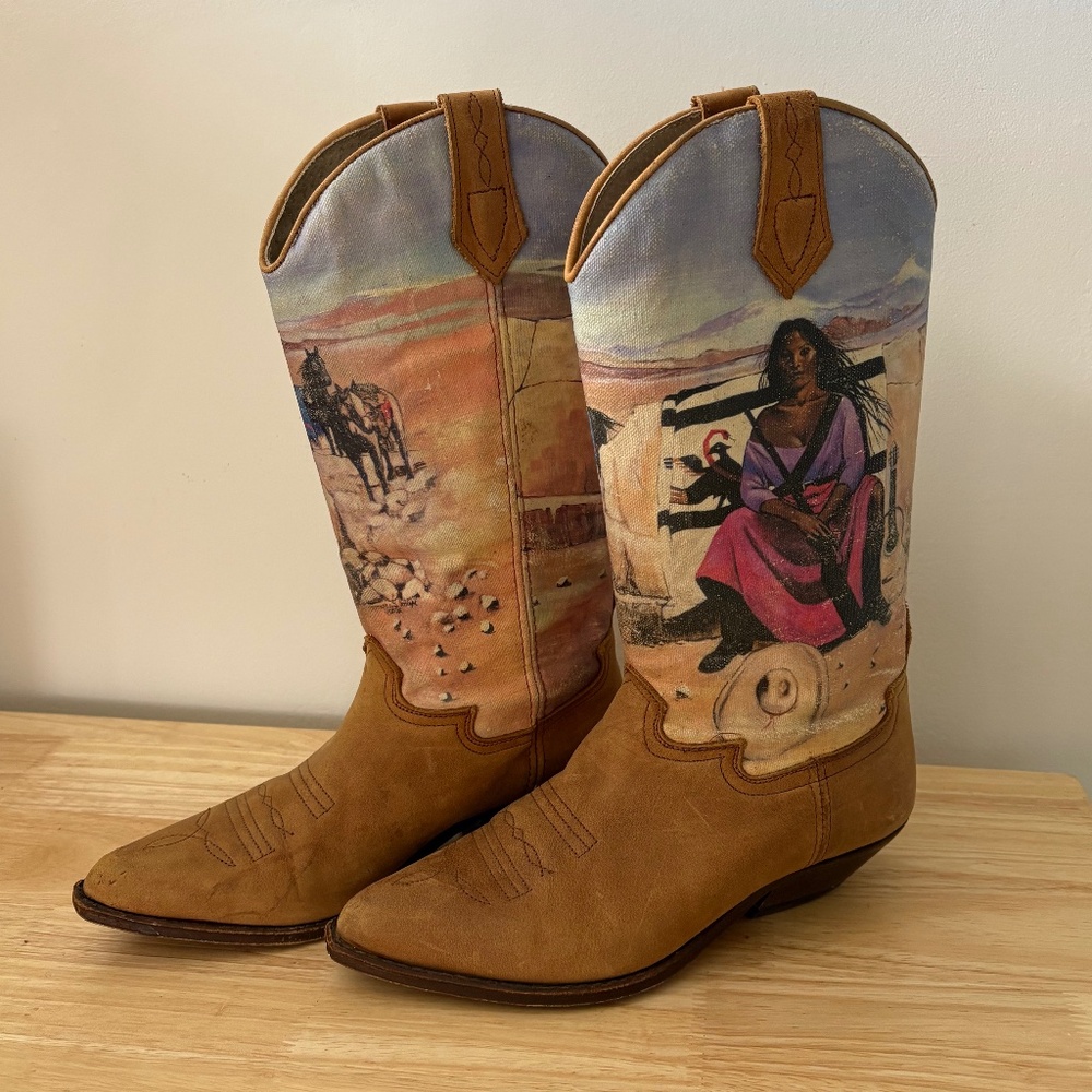 SOLD // Seychelles Cowboy Painted Boots 7 Western Leather Brown Vintage Boots